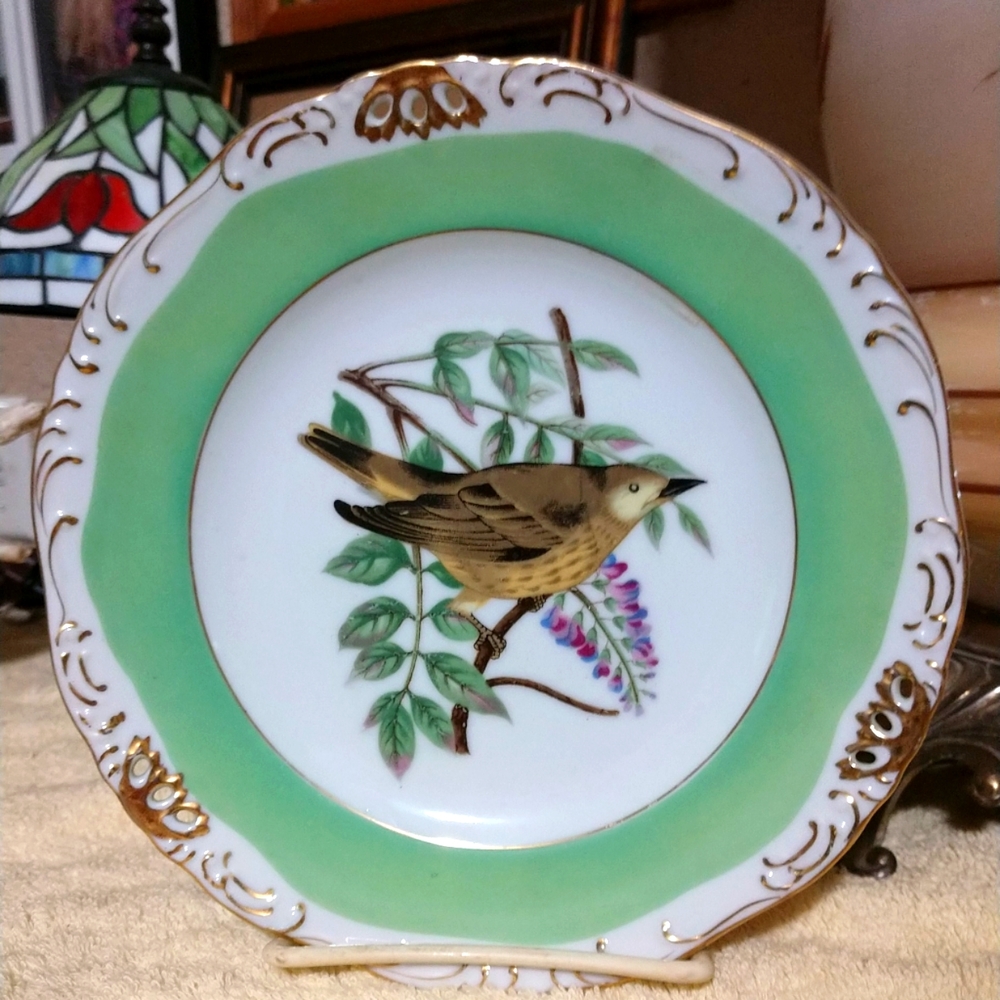 Vtg.Warbler Bird Twig Plate Hand Painted Yellow-Brown Mid Century